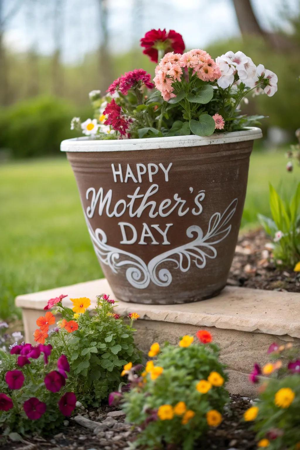 A flower pot featuring a heartfelt personalized message.