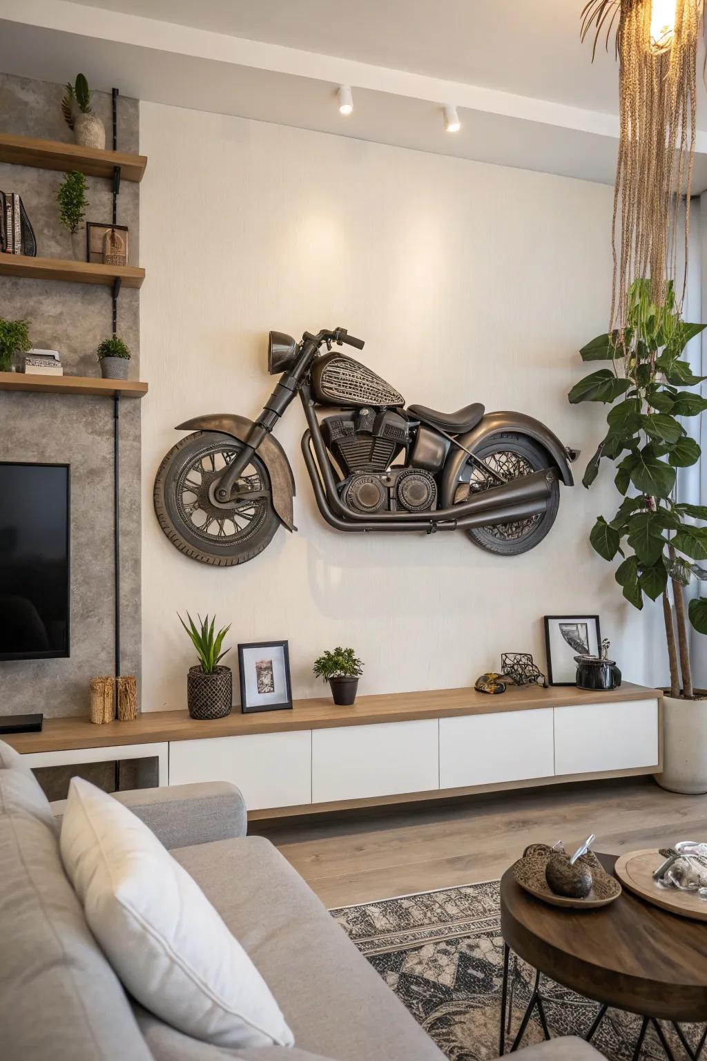 An eye-catching 3D bike sculpture as wall art.