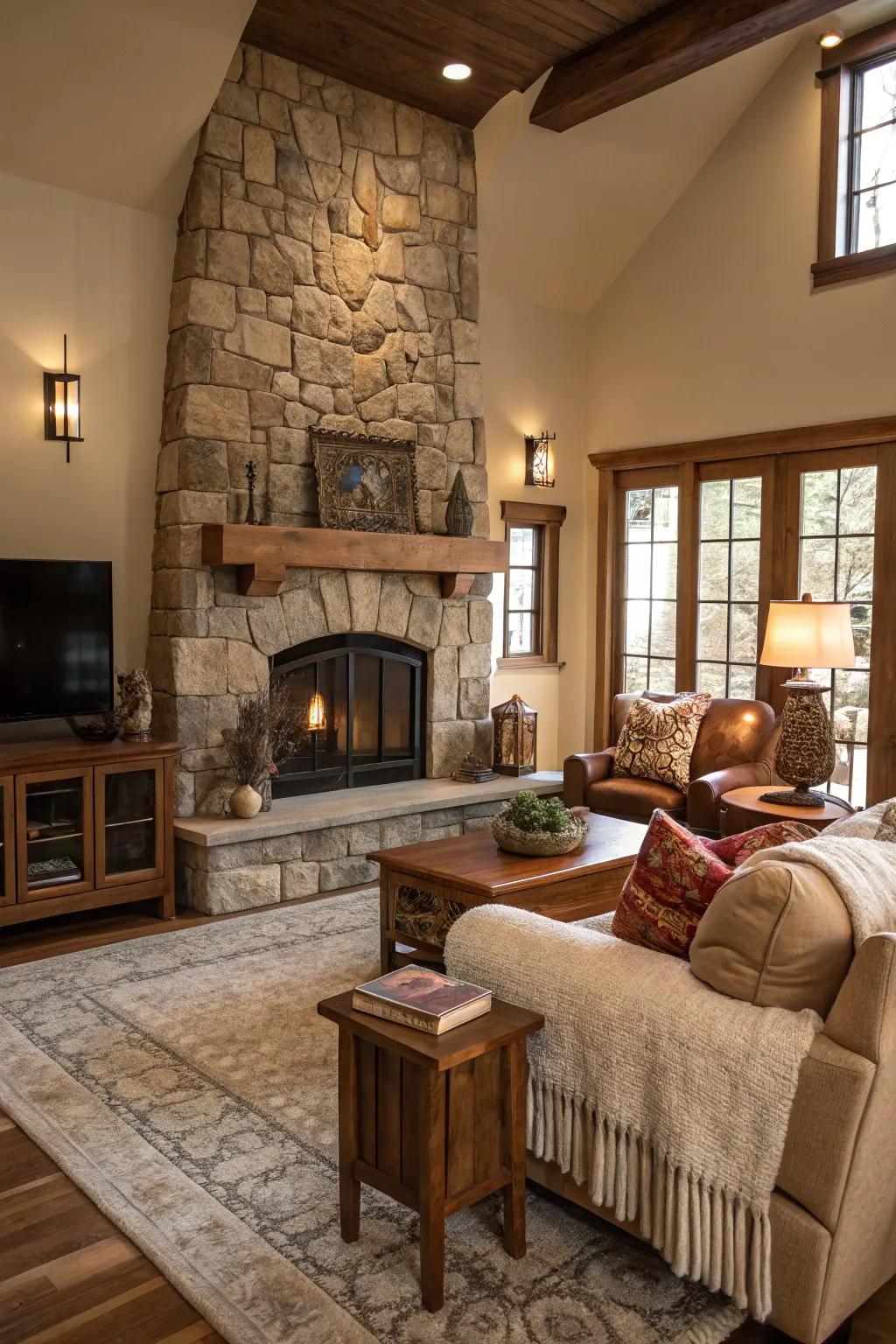 An attractive living area focused around a stunning rock fireplace.