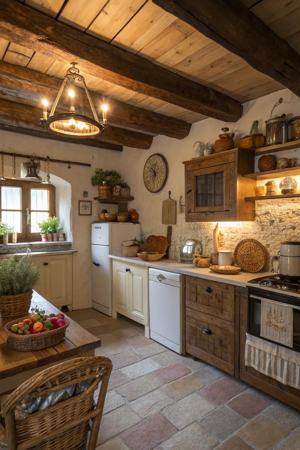 Open wood supports contribute country charm and coziness to this mountain kitchen.