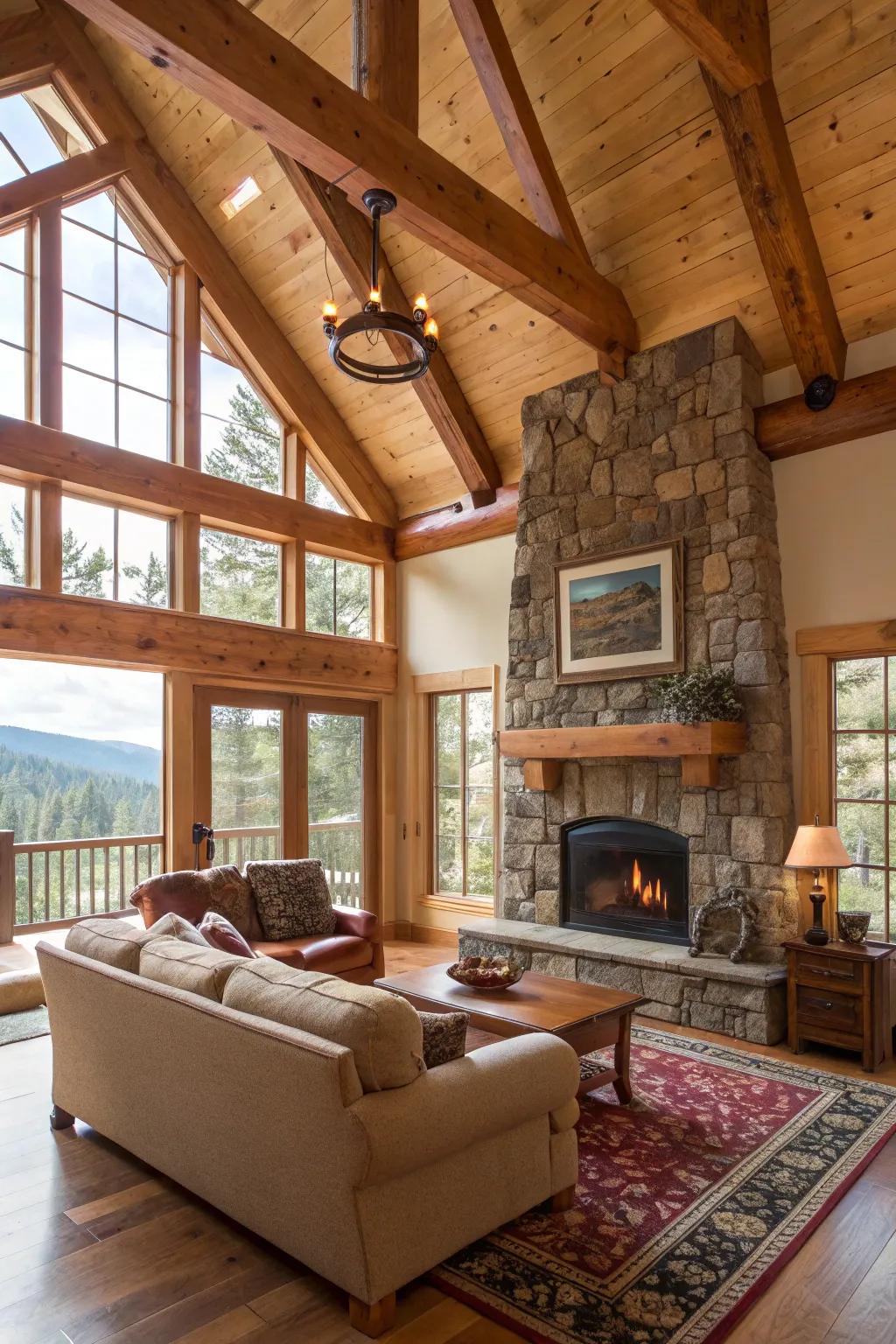 Rustic elements like wood and stone bring nature indoors.