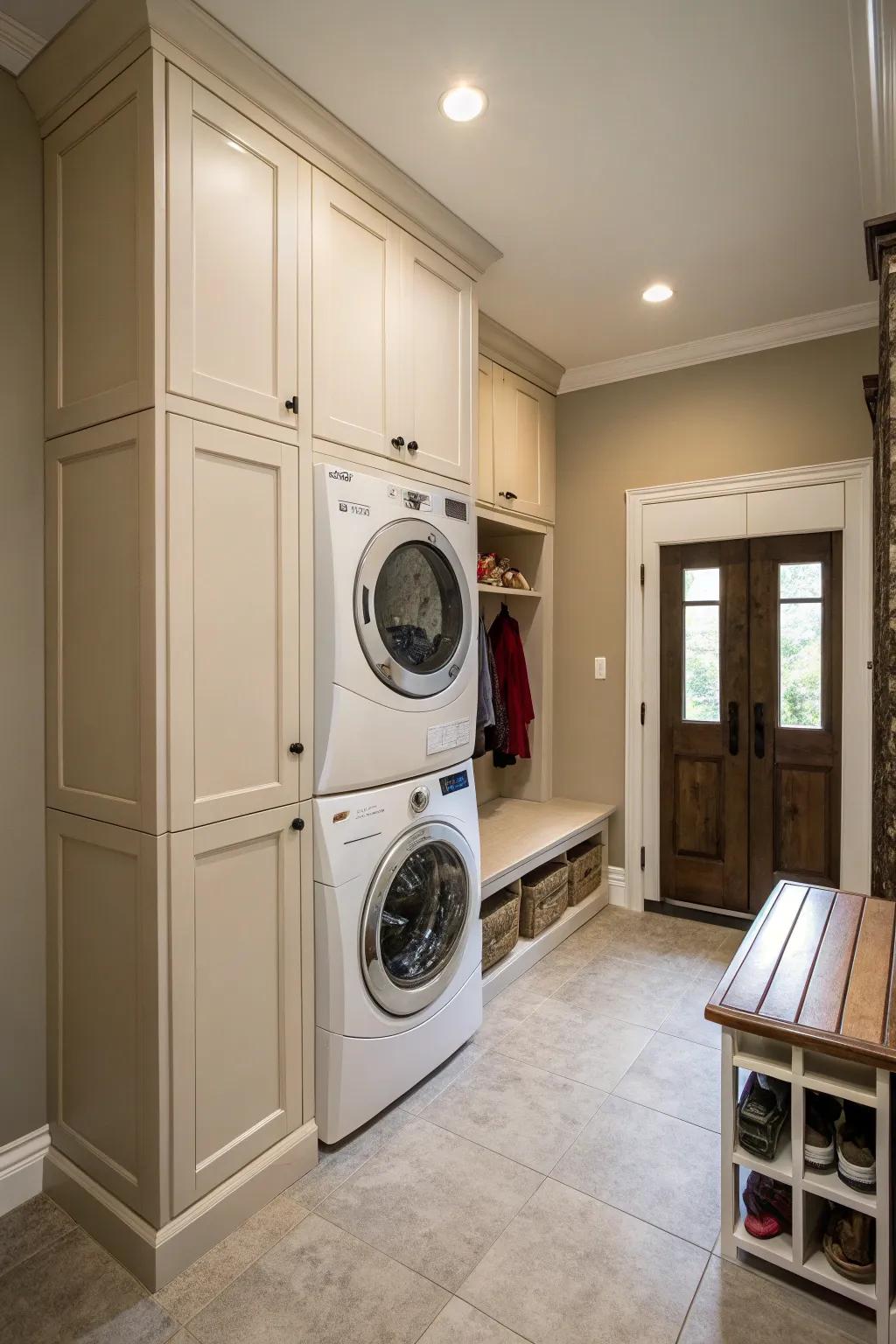 Stacked appliances unlock additional storage possibilities in a small mudroom setting.