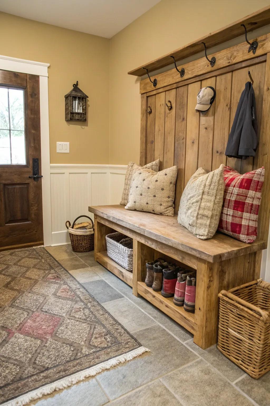 A warm mudroom showcases an upcycled wood bench topped with soft cushions for ultimate seating comfort.