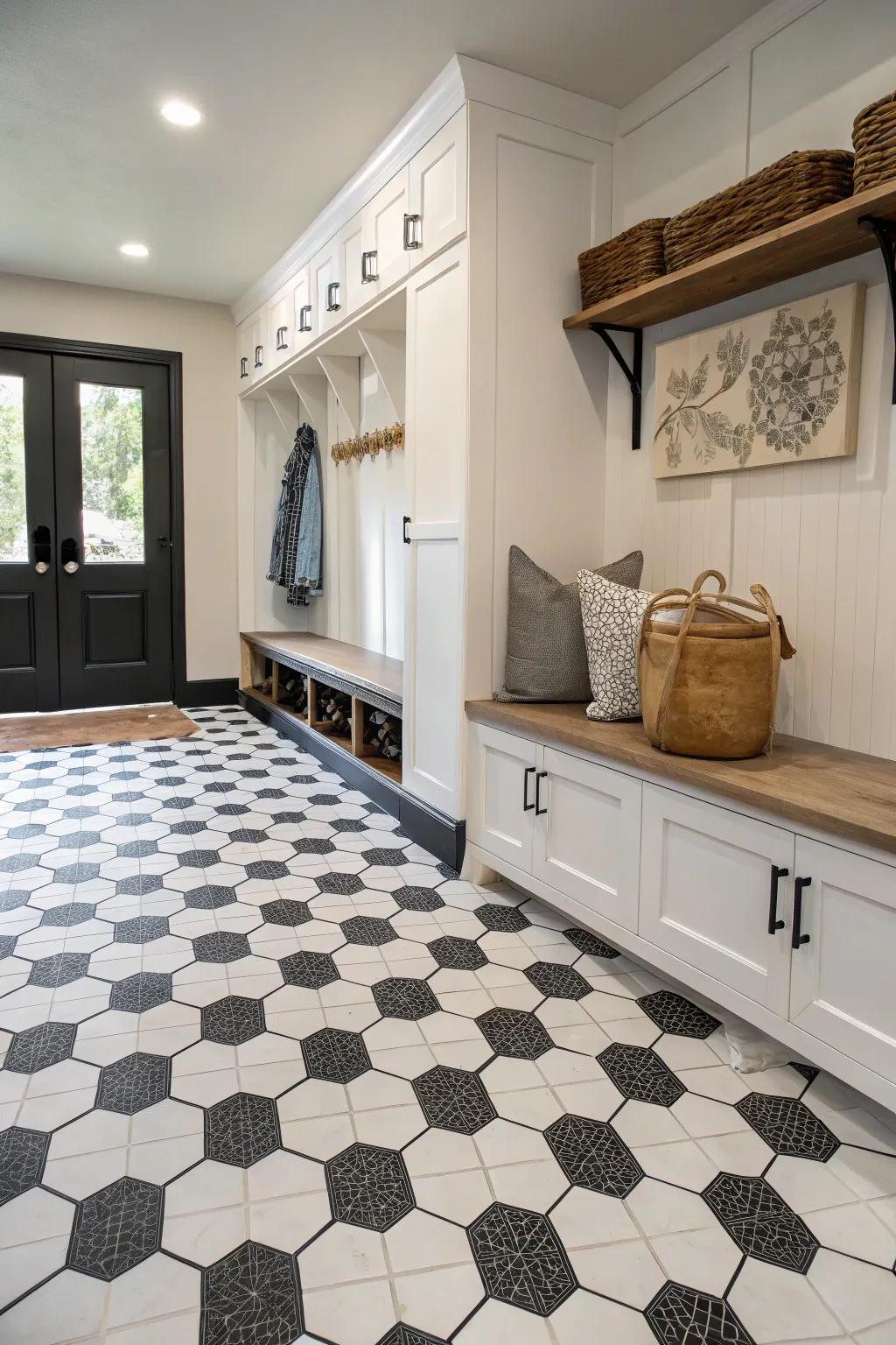 With striking six-sided floor coverings, make a statement in your mudroom.