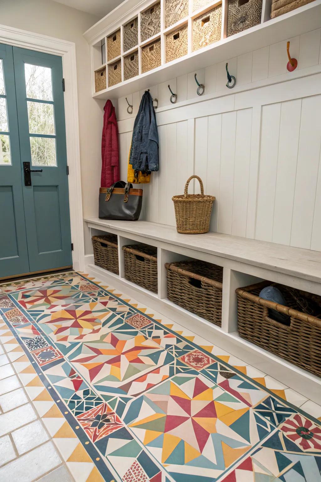 Geometric tiles adding a vibrant touch to a mudroom