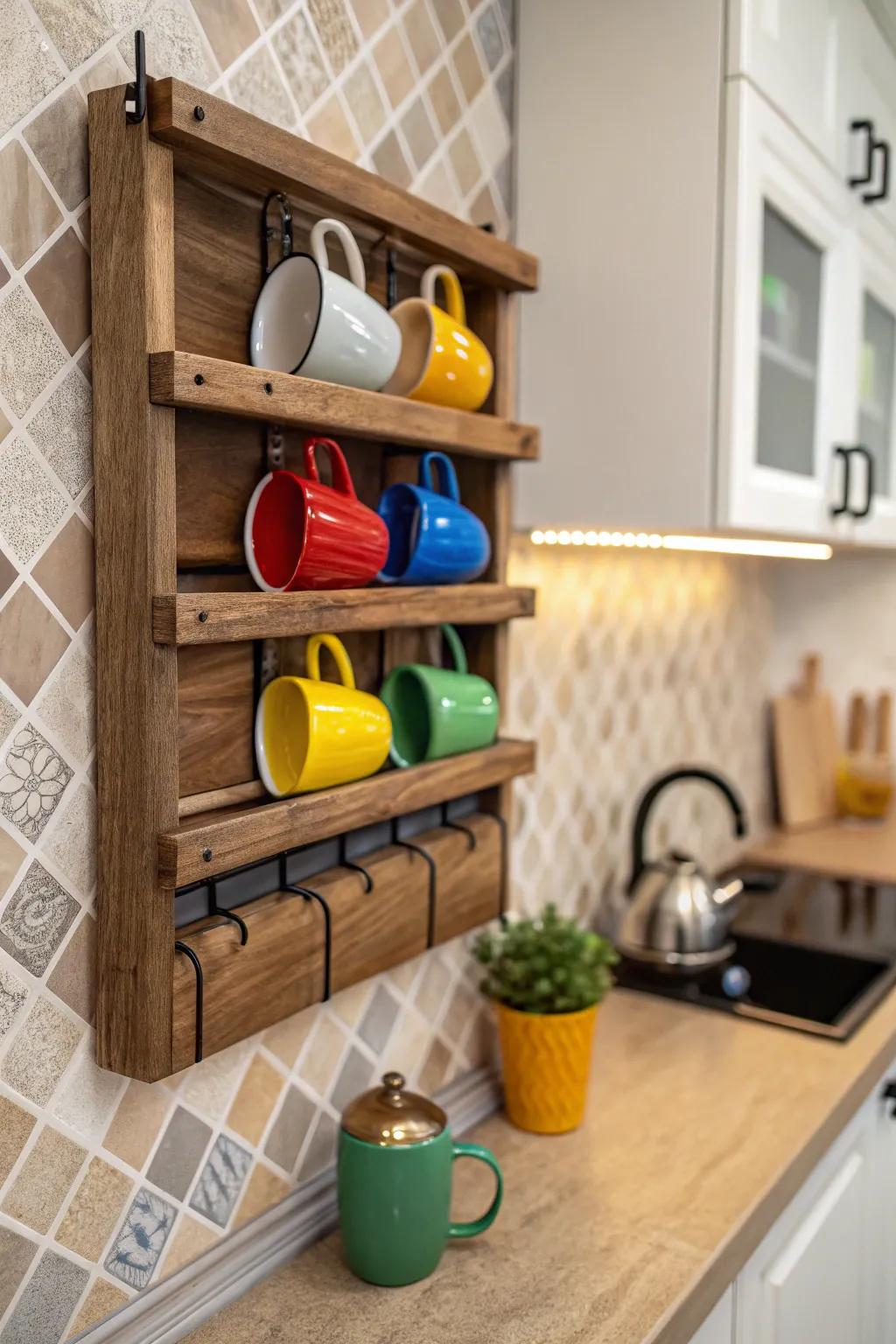 Transform your mugs into a captivating wall display with wall-mounted racks.