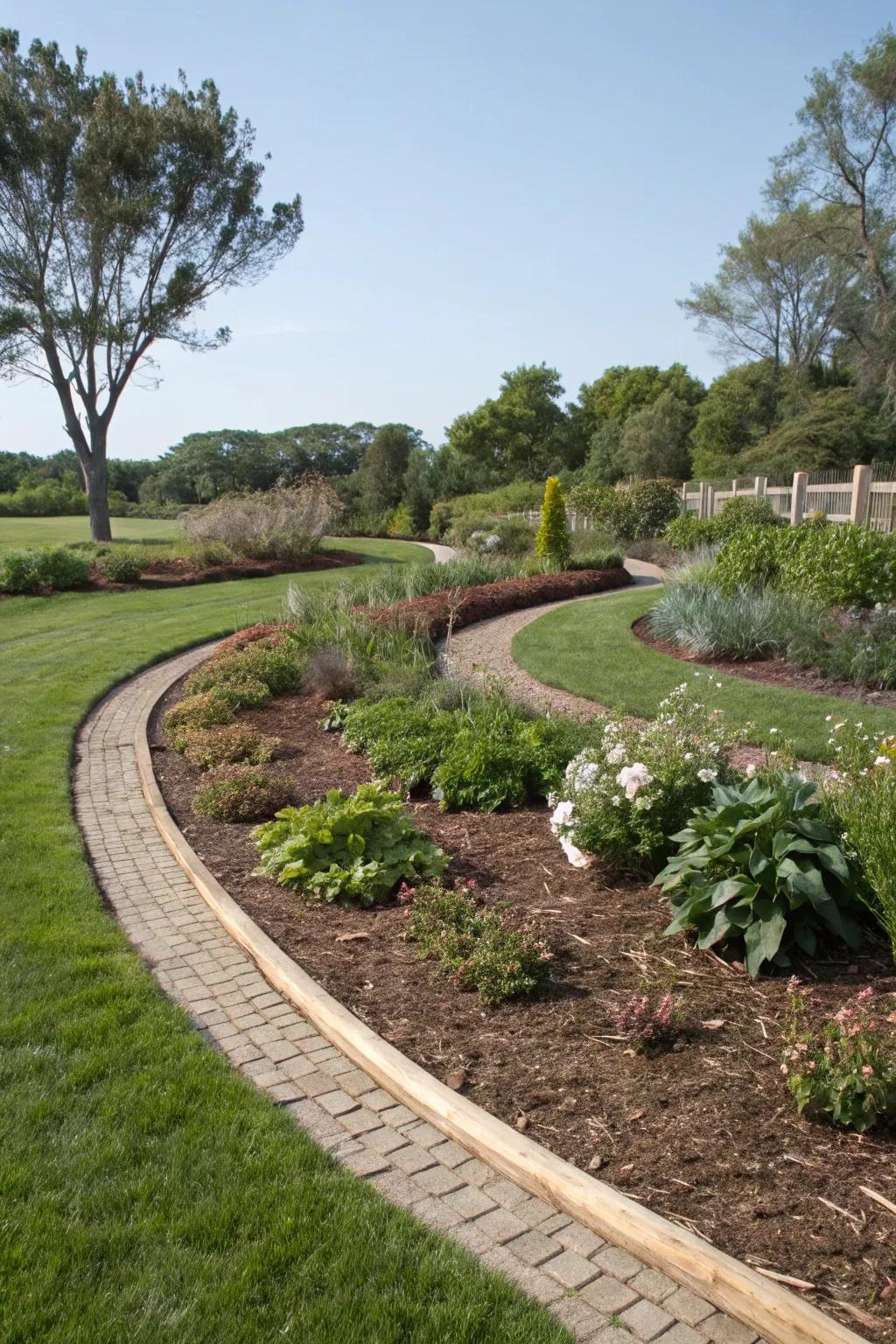 Curved mulch edging brings about a delicate, natural ambiance.