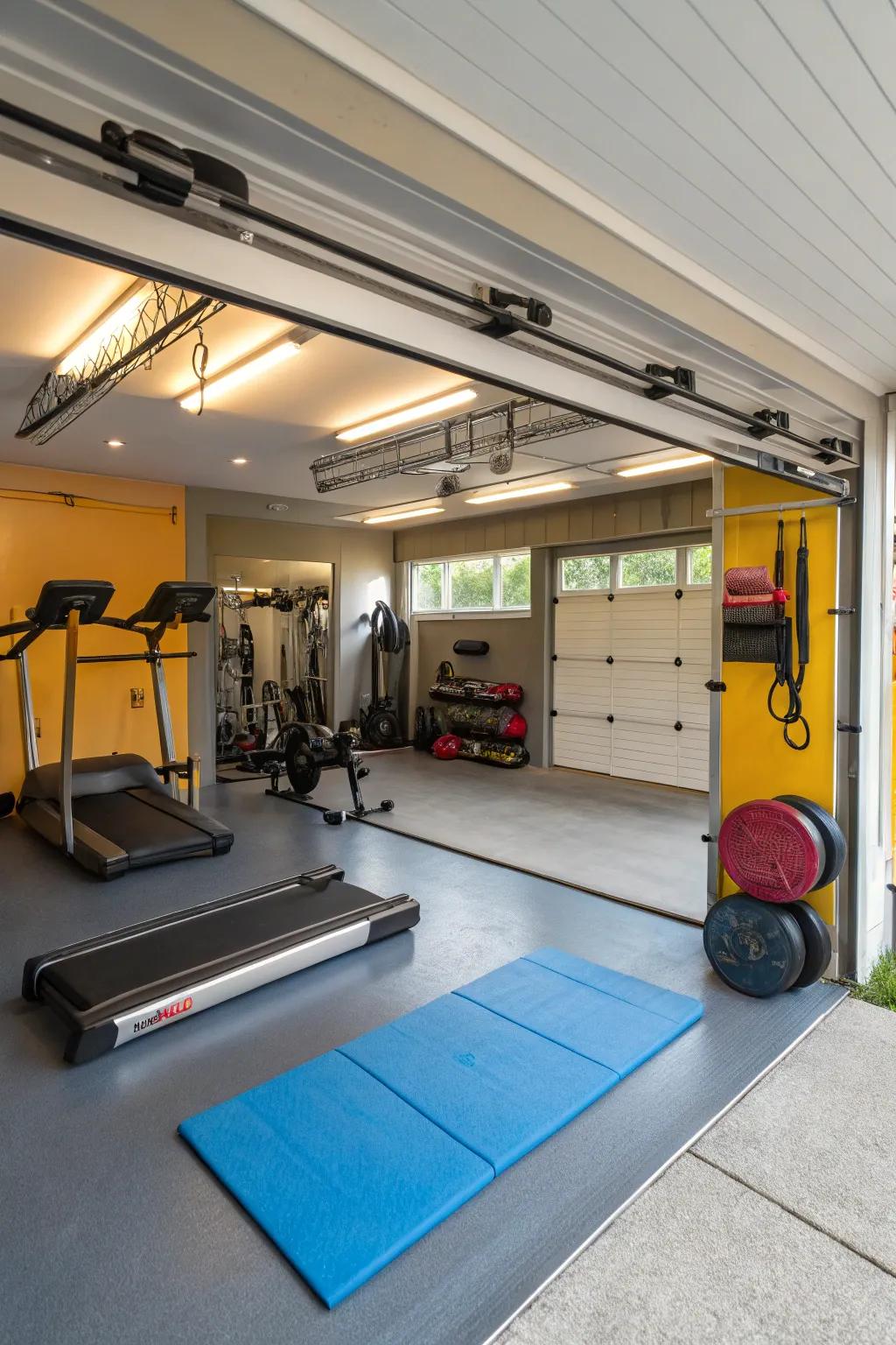 A garage reimagined as a home gym with various exercise tools.