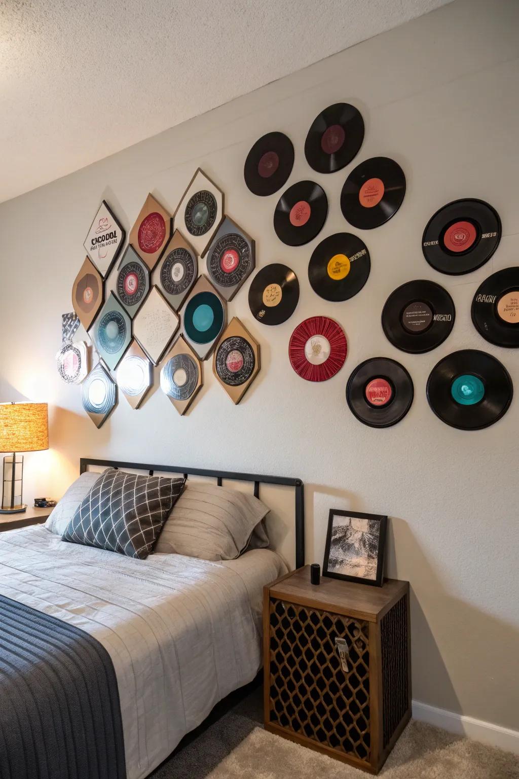 Vinyl records add a vintage and artistic flair to your bedroom walls.