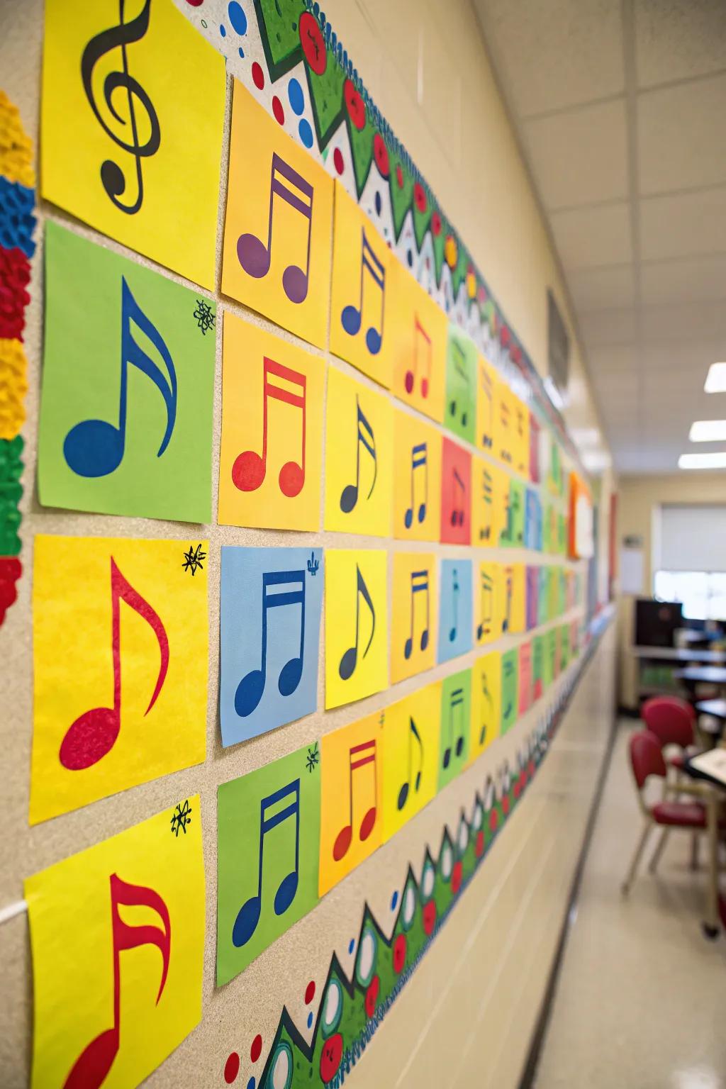 A captivating arrangement of vibrant musical notes showcased on a bulletin board.