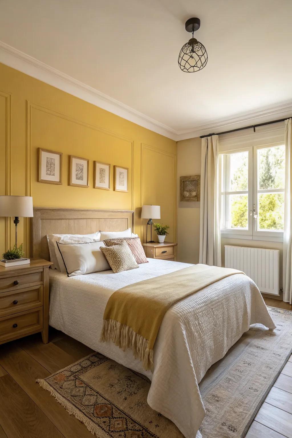 A bedroom showcasing a mimosa yellow accent wall, paired with calm decor and subtle lighting.