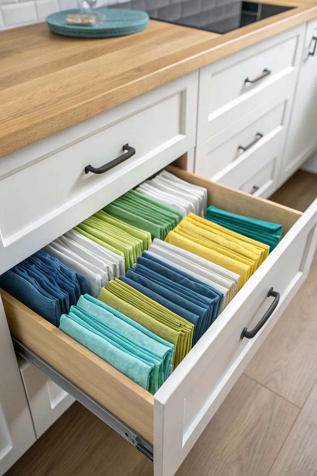 A kitchen drawer is neatly organized with colorful napkins for quick access.