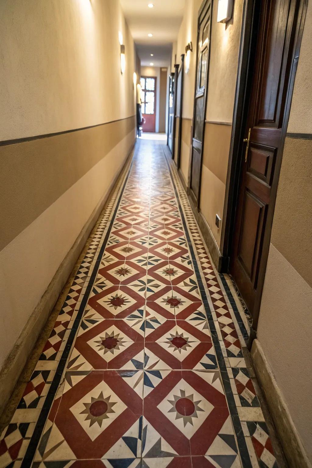 Eye-catching patterned floor coverings can totally transform a narrow hallway’s appearance.