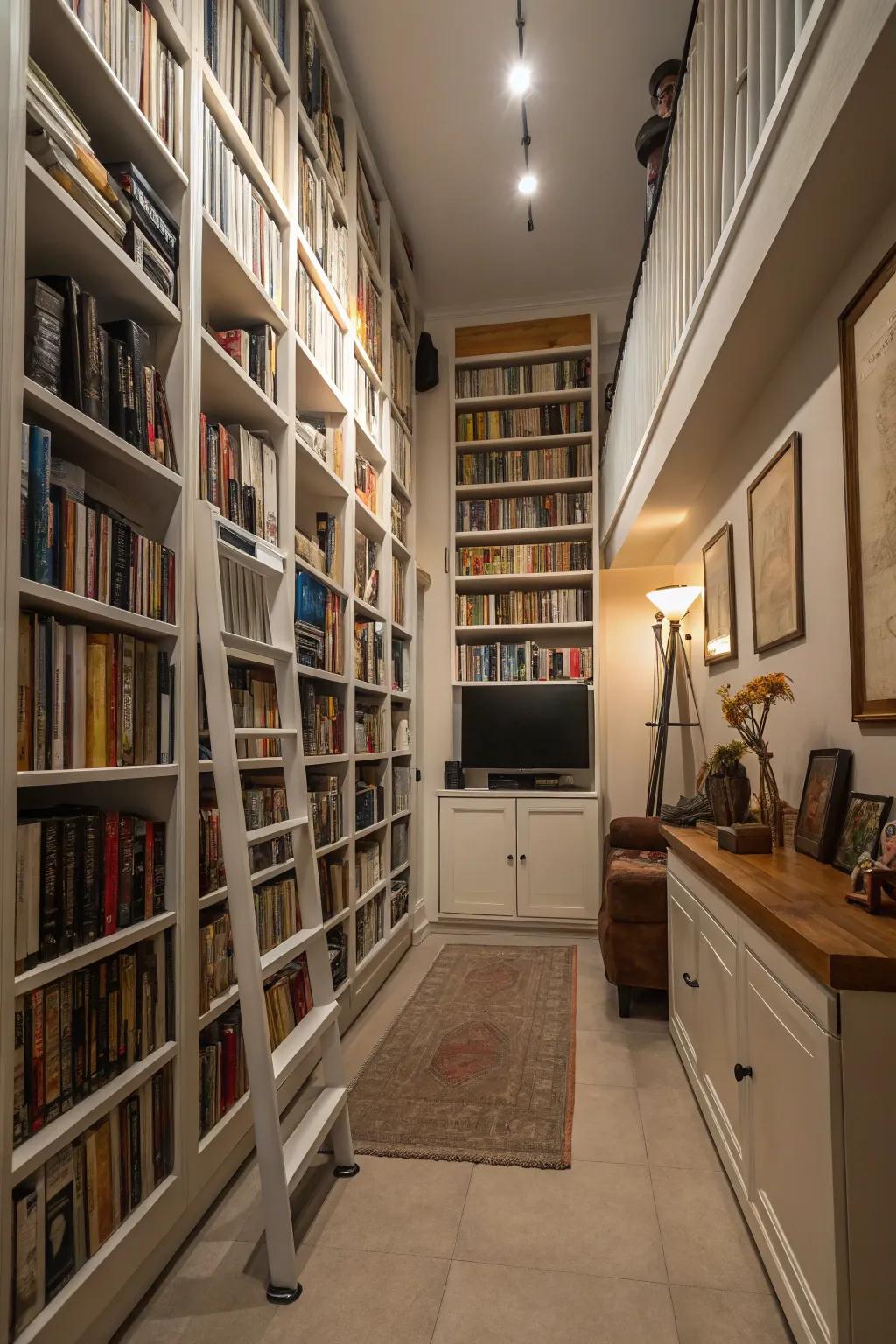 Using vertical space by installing towering bookshelves in a narrow living space.