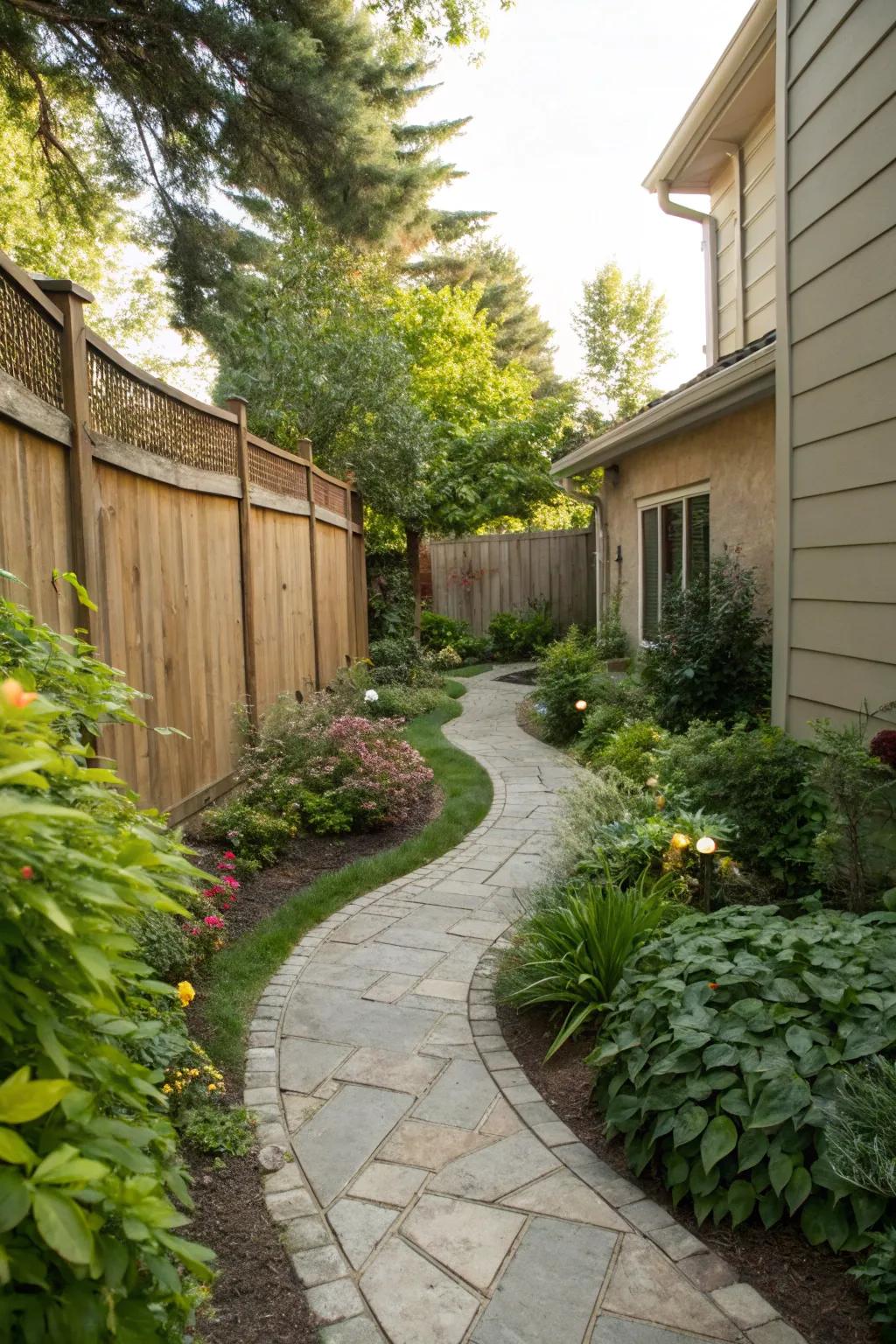 A winding pathway introduces depth and intrigue to compact spaces.