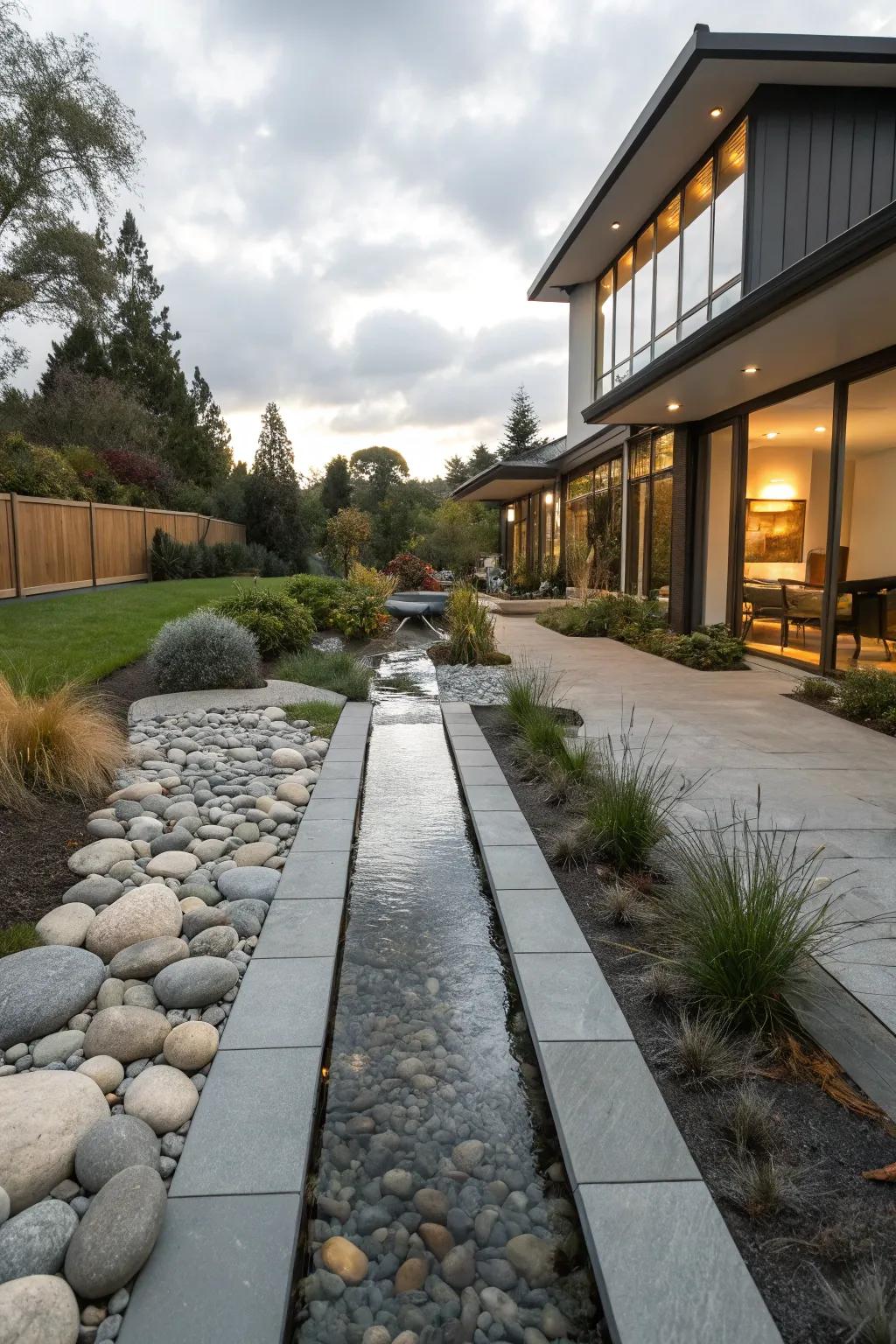 A sophisticated, straight watercourse design for a modern backyard.