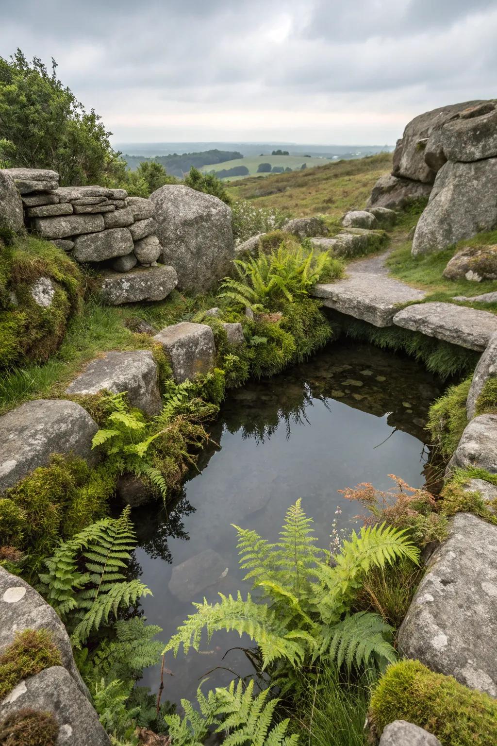 Authentic stones lending a rustic charm to a garden pond.
