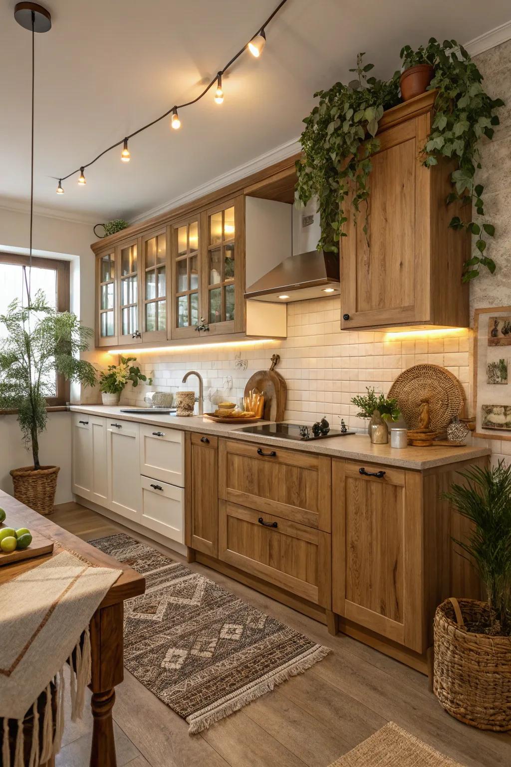 A kitchen showcasing a harmonious combination of light oak and walnut timber shades.