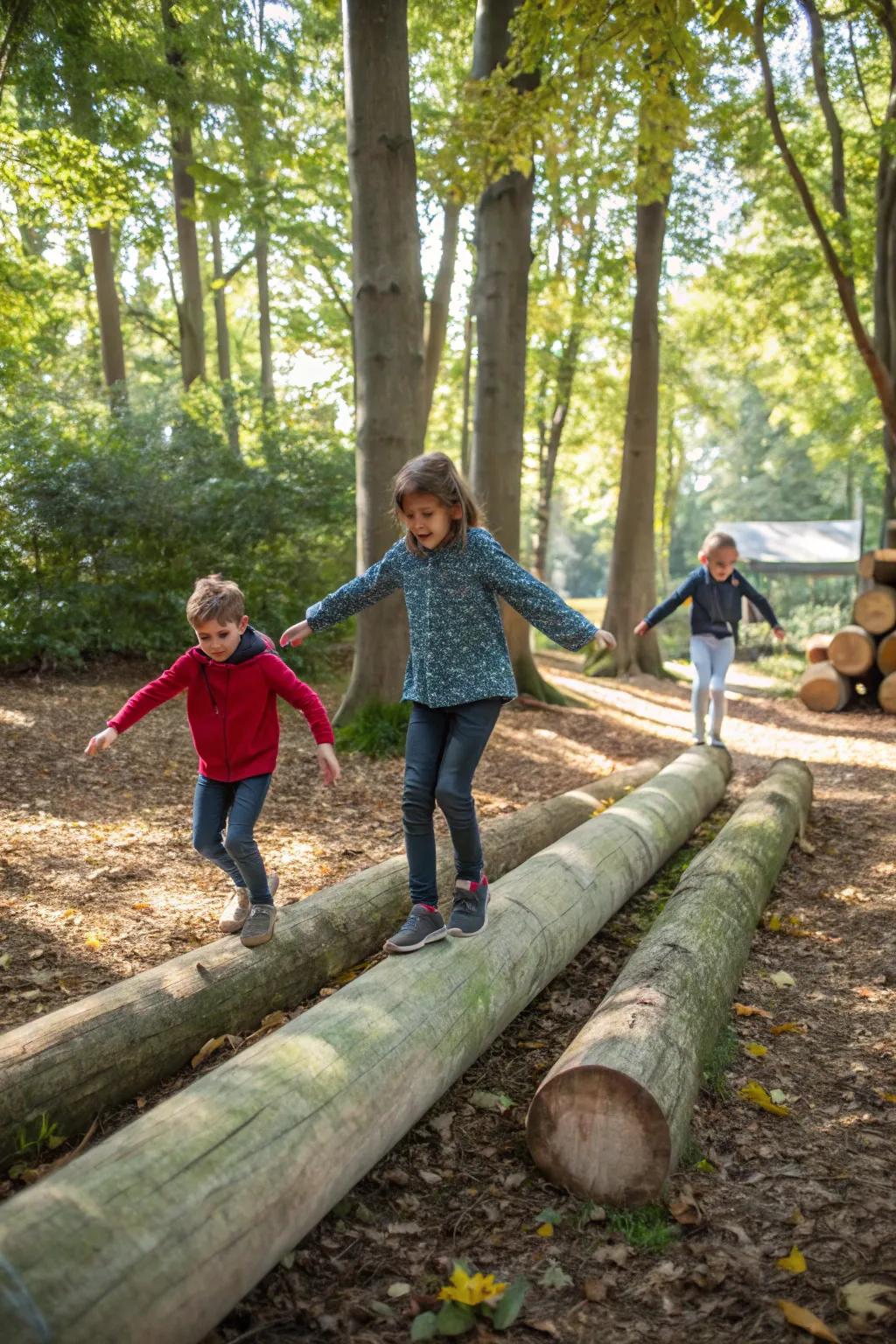 Tree trunks transformed into balancing paths provide limitless enjoyment.