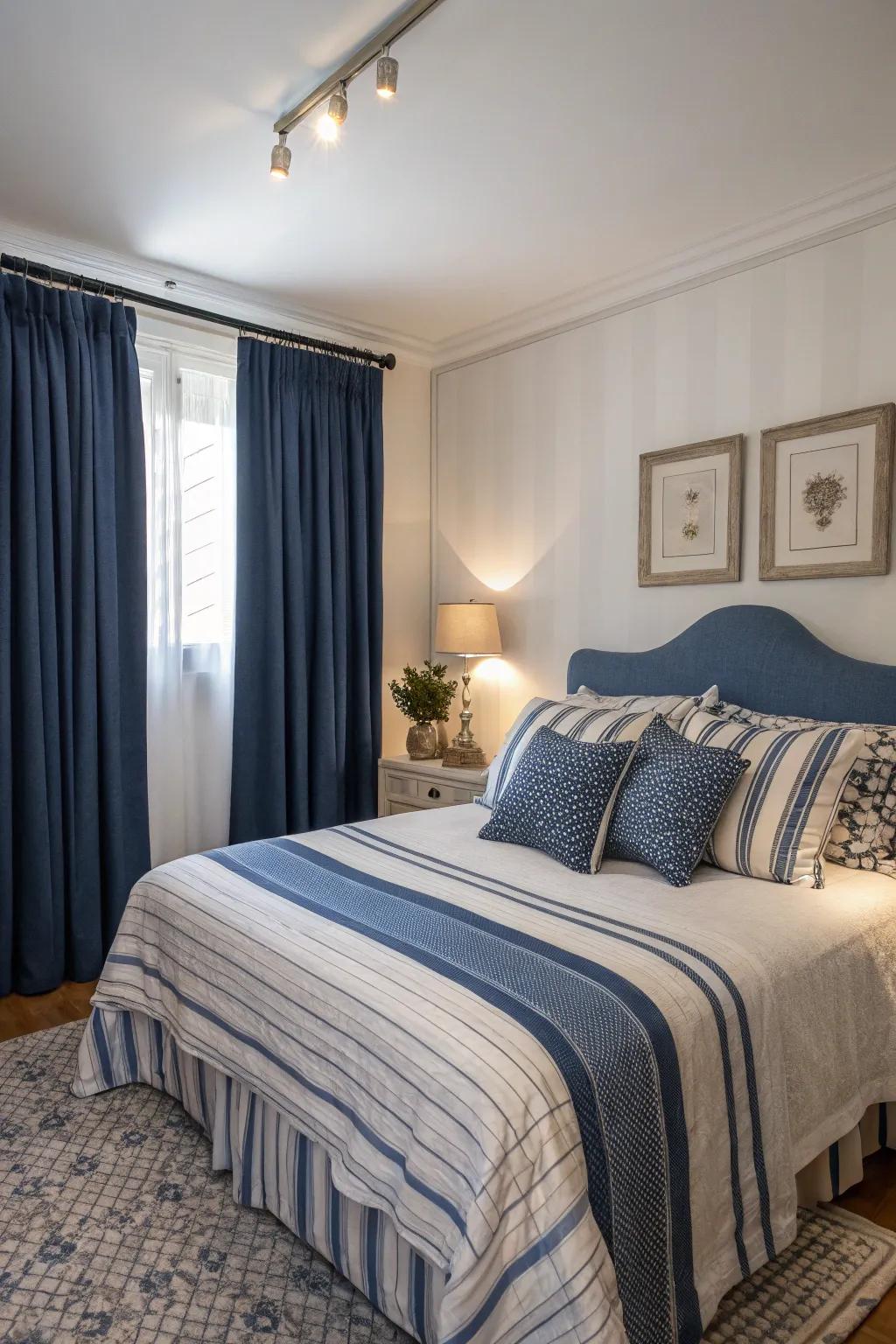A traditional nautical palette of blues and whites creates a serene ambiance.