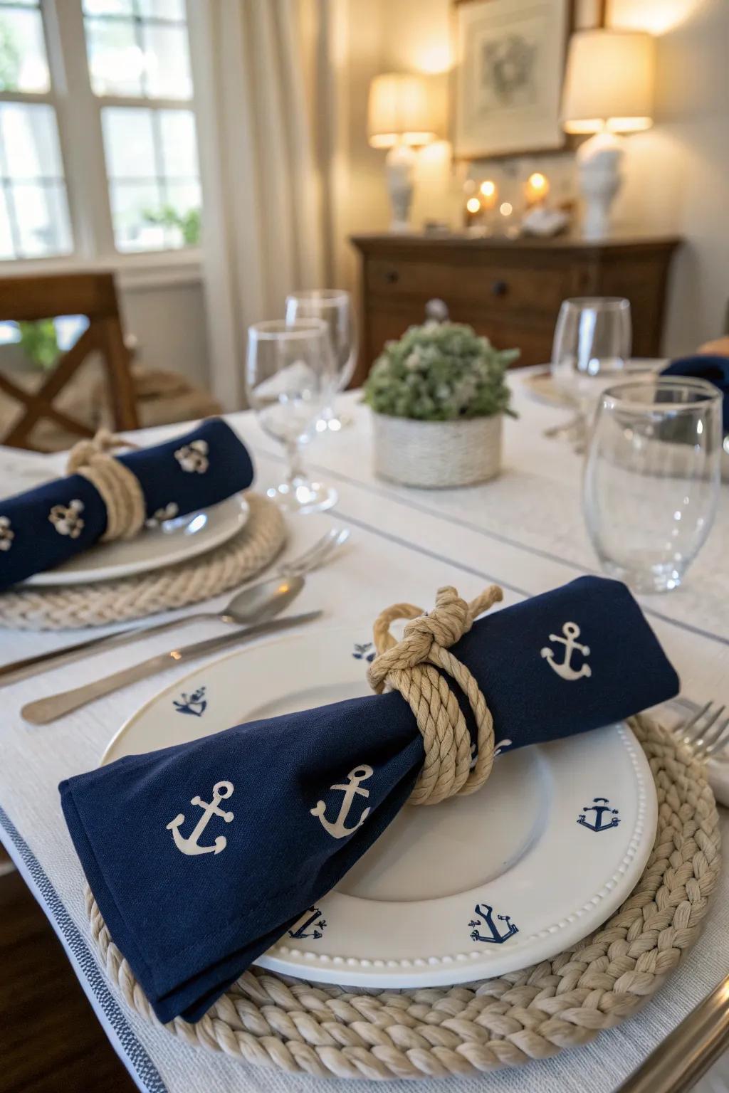 Blue and white lay the groundwork for a seafaring dining setting.