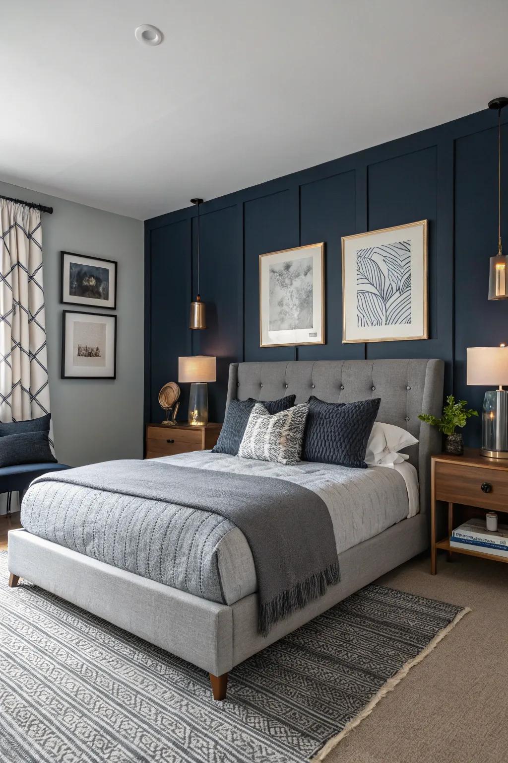A navy focus wall brings a touch of dramatic elegance and depth to this inviting bedroom.