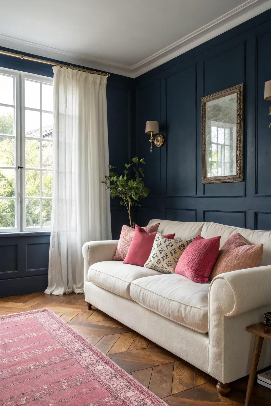 Navy walls deliver a daring foundation for lively pink highlights.
