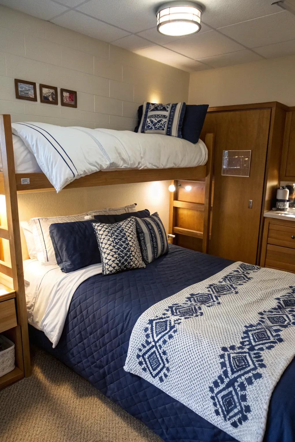 Design a comfortable haven with ocean blue bedding as the primary feature of your dorm.