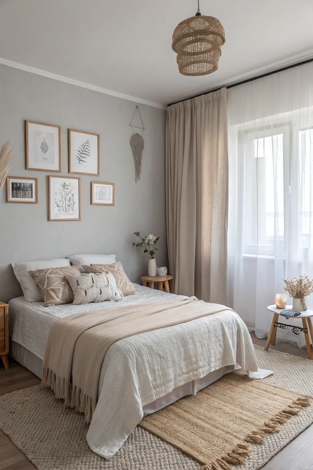 A bedroom showcases a soothing soft color palette of whites and beiges.