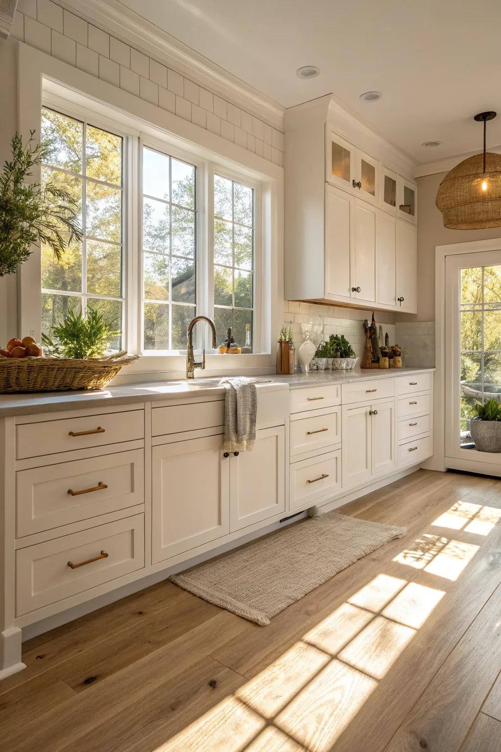 Gentle ivory shades establish a clean and peaceful kitchen ambiance.