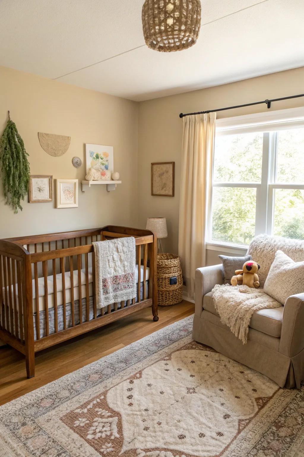 A soothing beige nursery with natural wood accents.