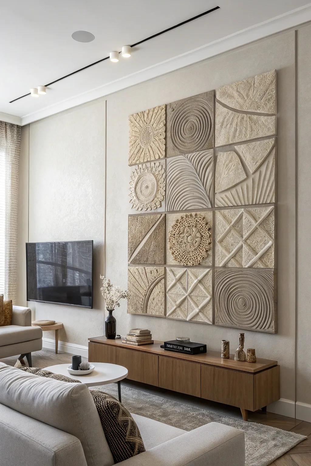 Textured art enriches the depth of neutral walls.