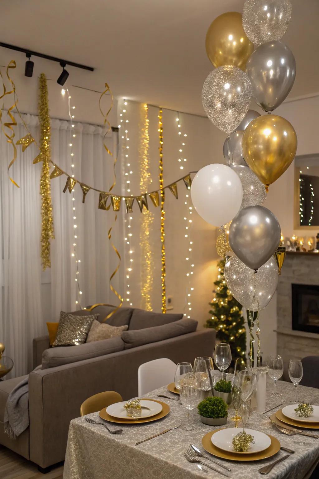 A glamorous gold and silver living room theme for New Year's Eve.