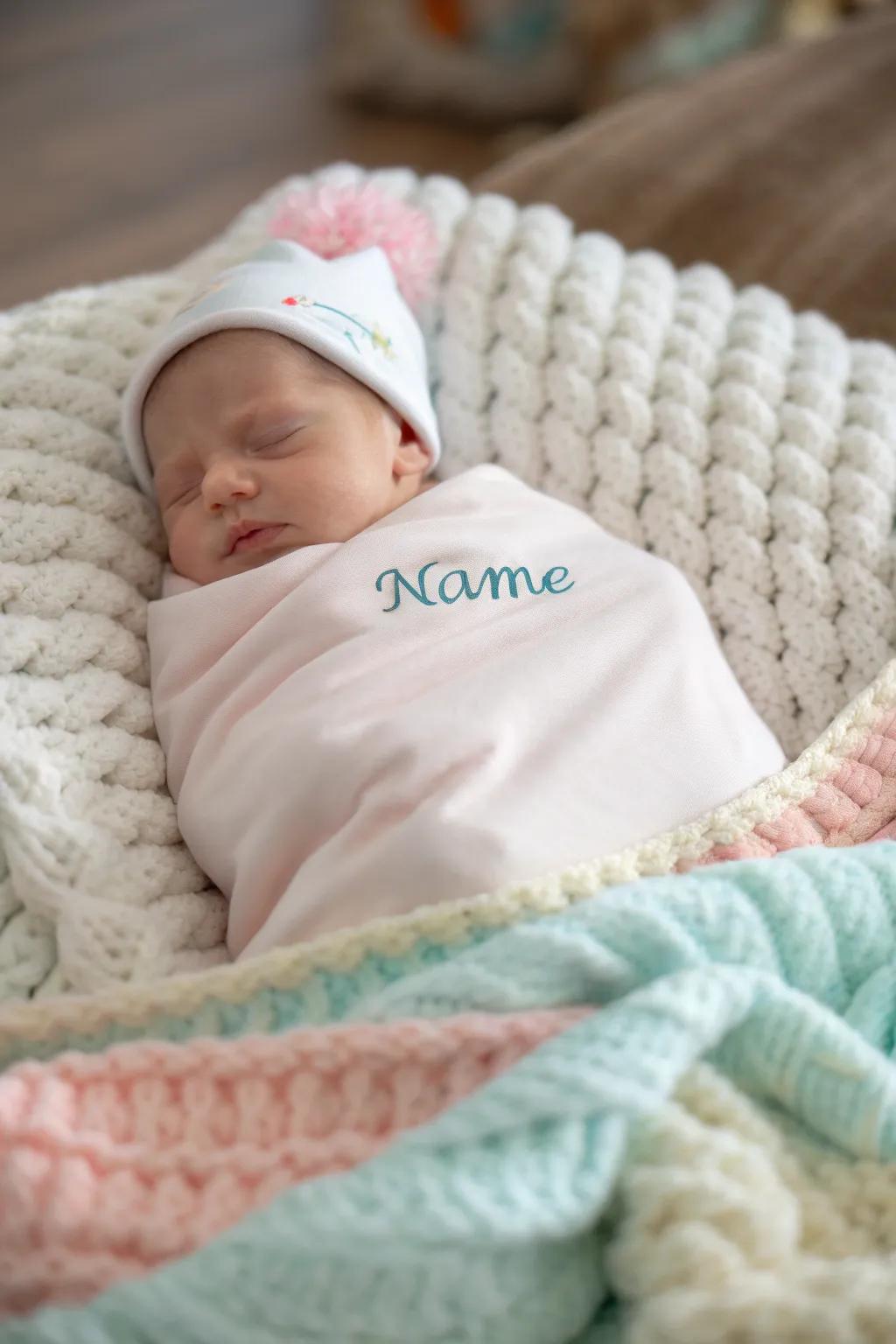 A serene newborn peacefully wrapped in a personalized blanket.