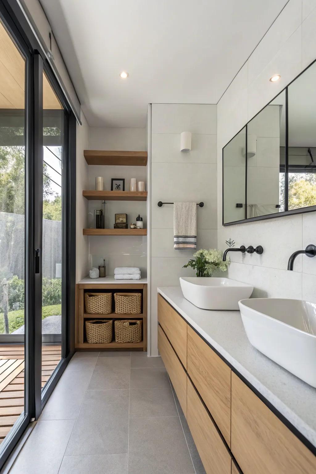 A modern bathroom showcasing an open, spacious layout with sleek storage.