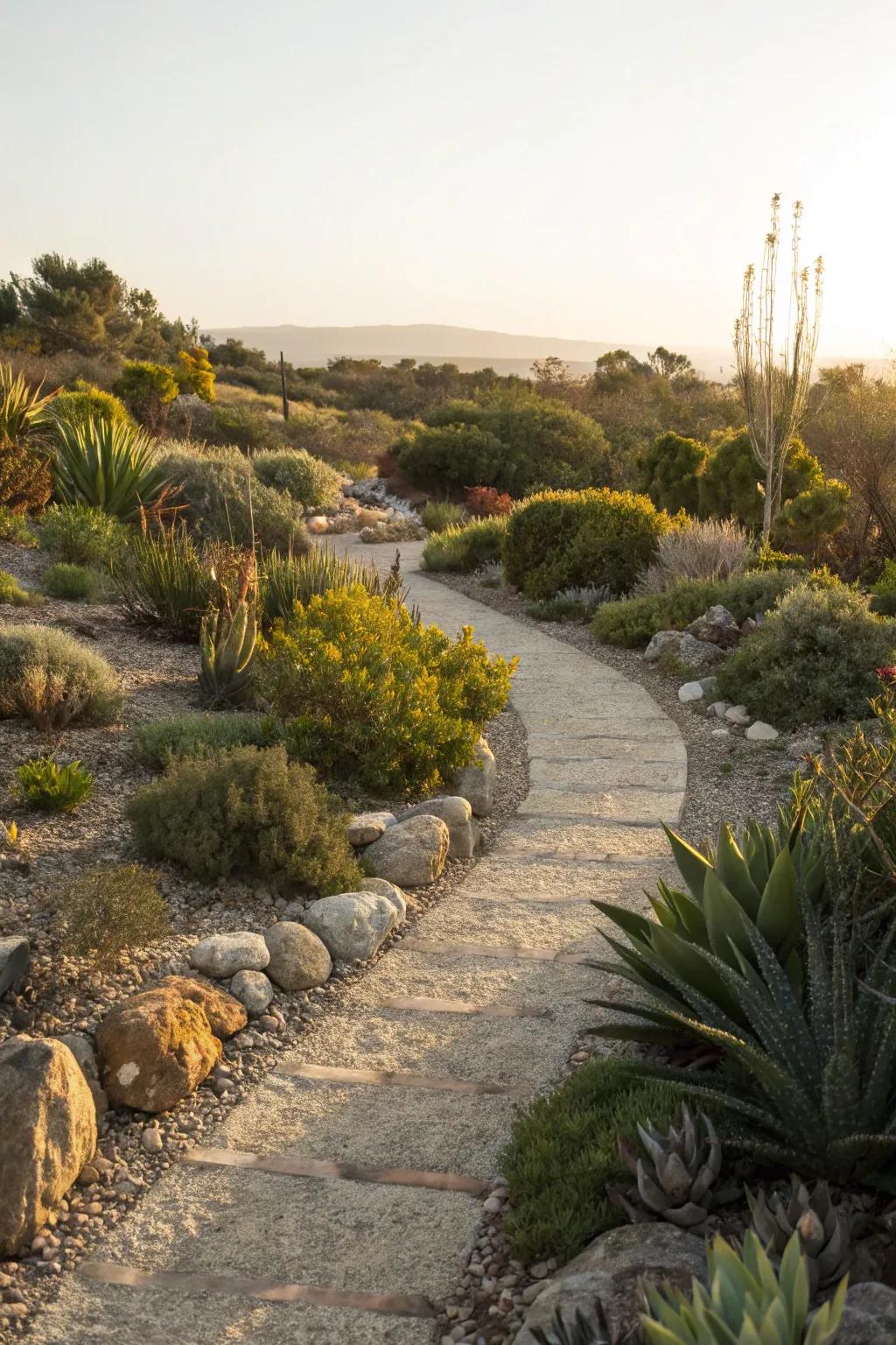 A low-upkeep stone and rock path encircled by succulents.