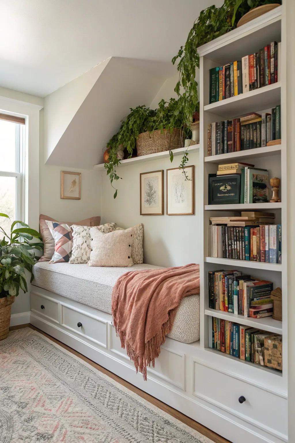 A versatile nook with built-in shelving and a daybed perfect for reading or hosting visitors.