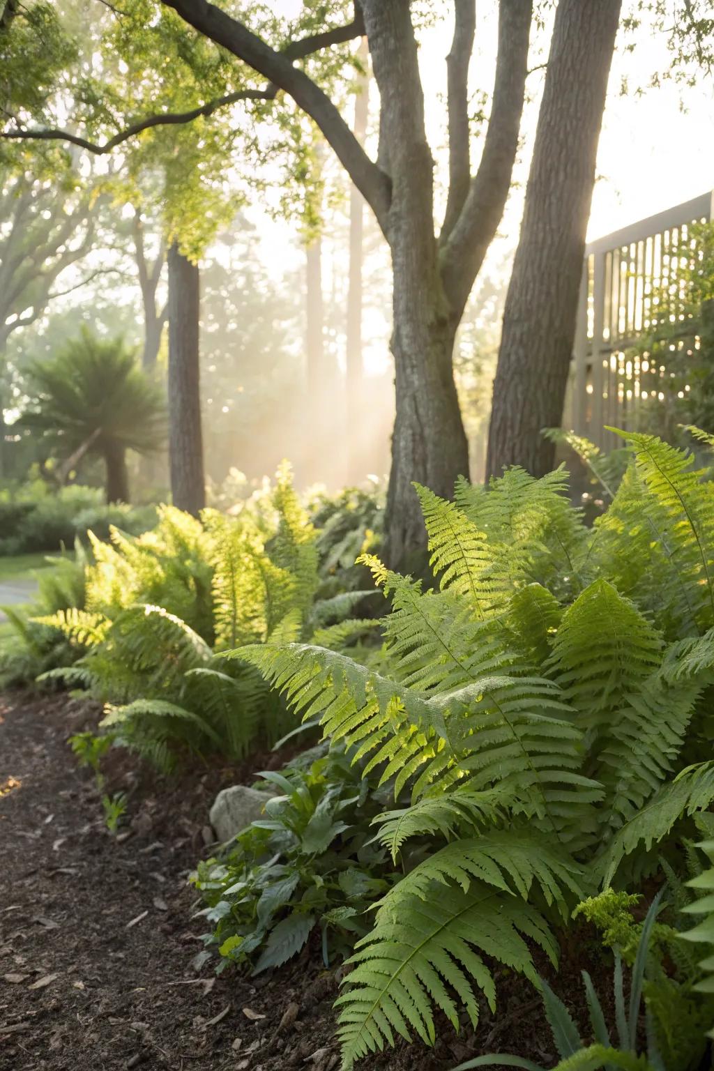 An array of ferns brings textural contrast to a shady corner of the garden.