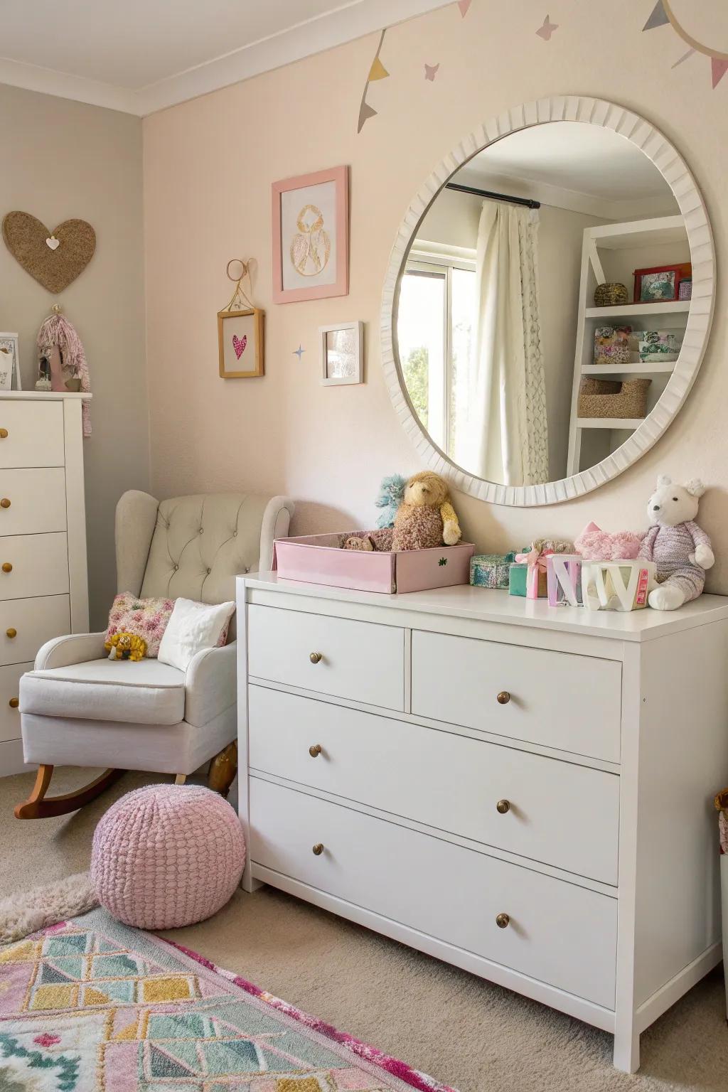 A circular reflection beautifully placed above a white changing table in a pastel-themed nursery.
