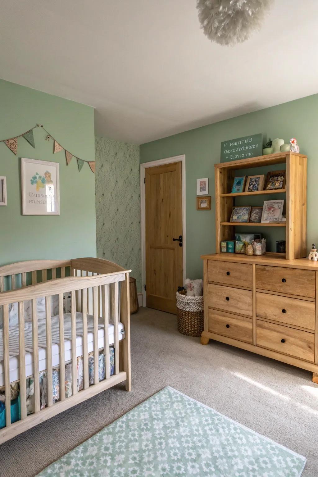 A tranquil nursery bathed in soft sage green.