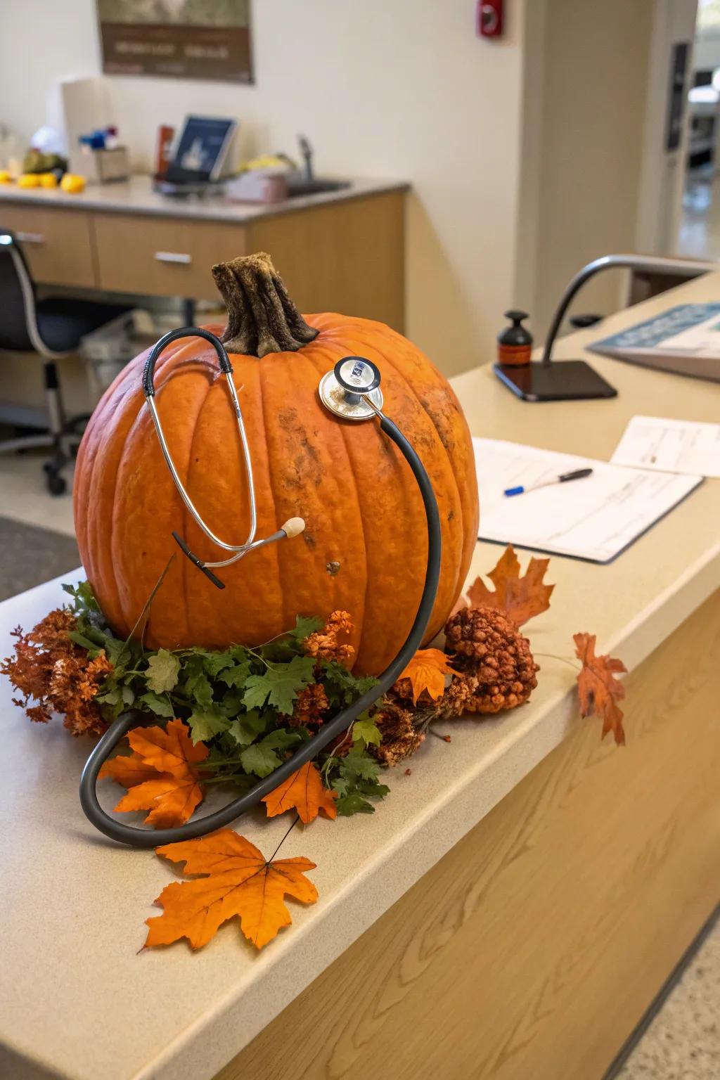 A pumpkin with a listening device gives fall decor a healthcare twist.