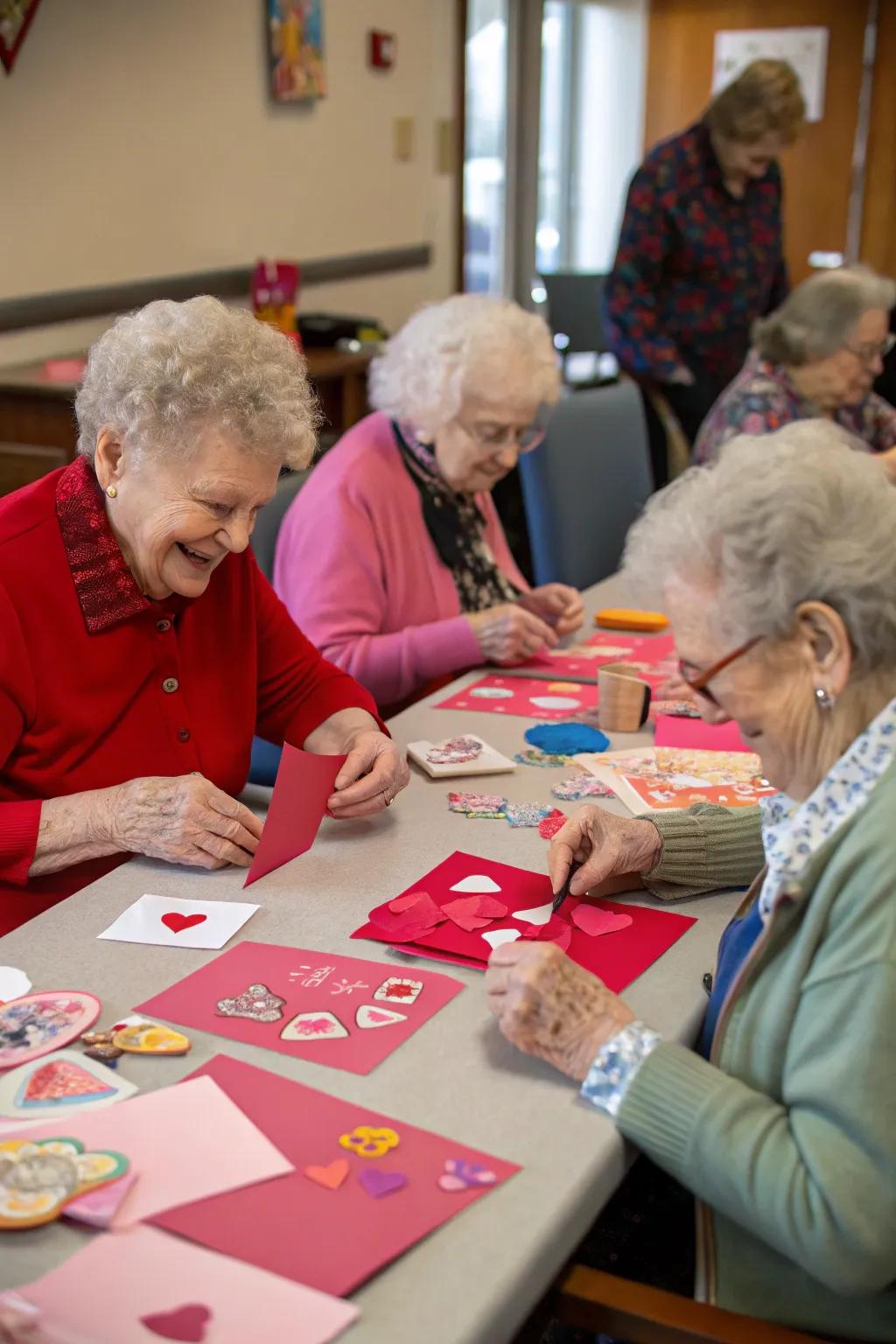 Residents creating personalized Valentine's cards filled with love.