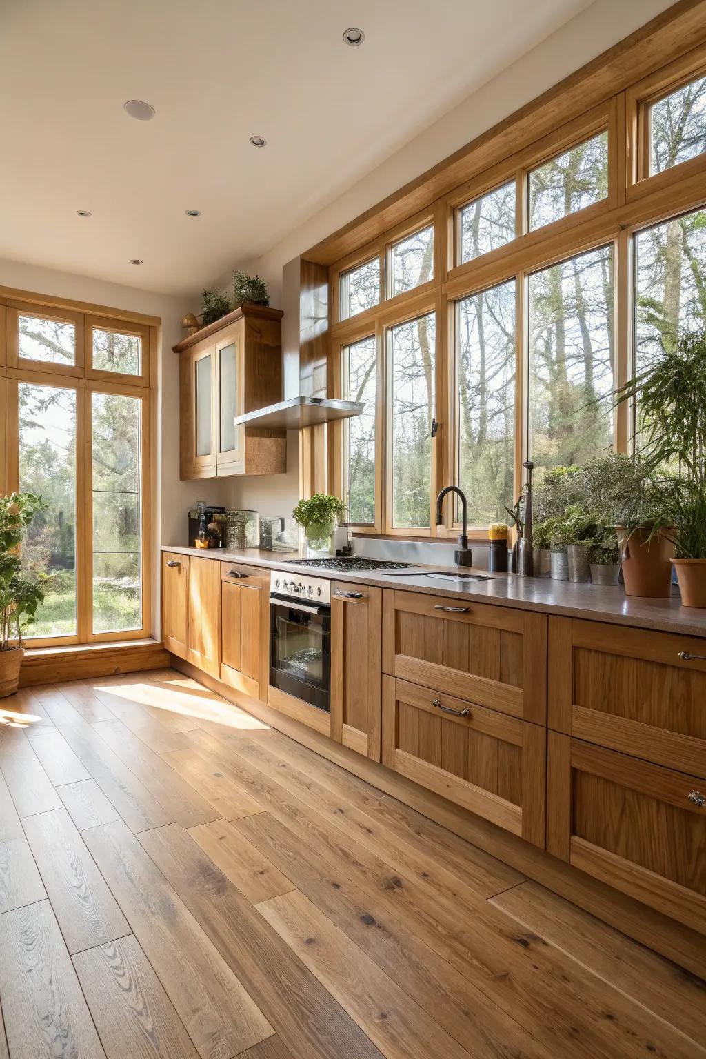 Sun-kissed oak floors radiating warmth in a spacious kitchen.