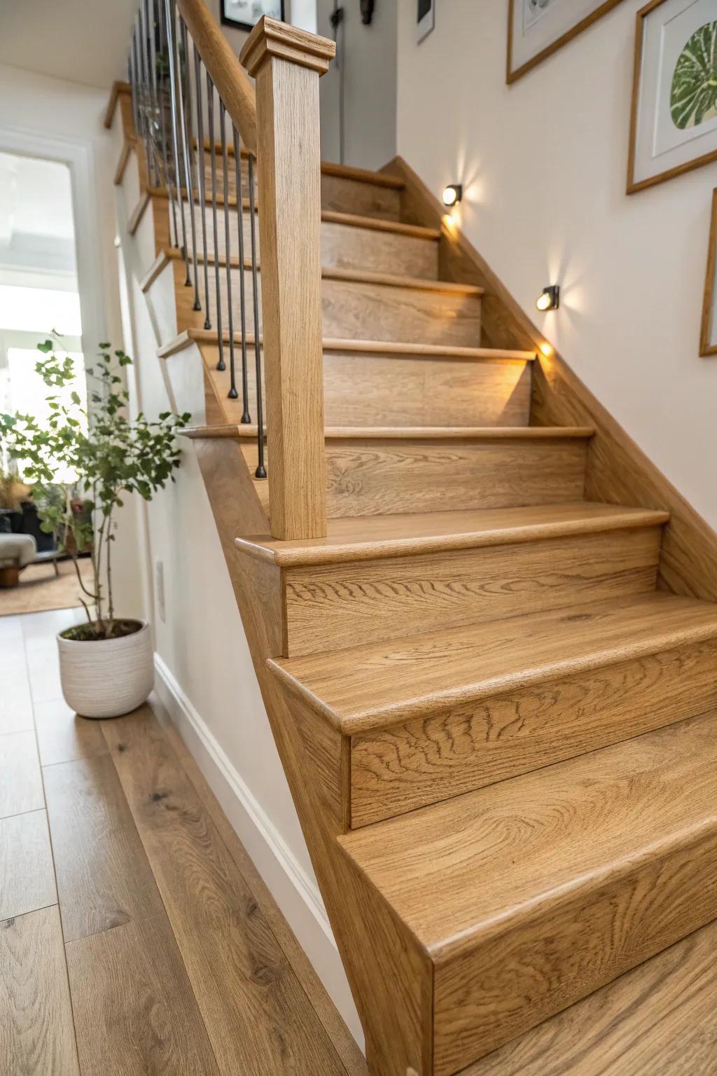 Natural oak staircase exhibiting its detailed texture and shade.