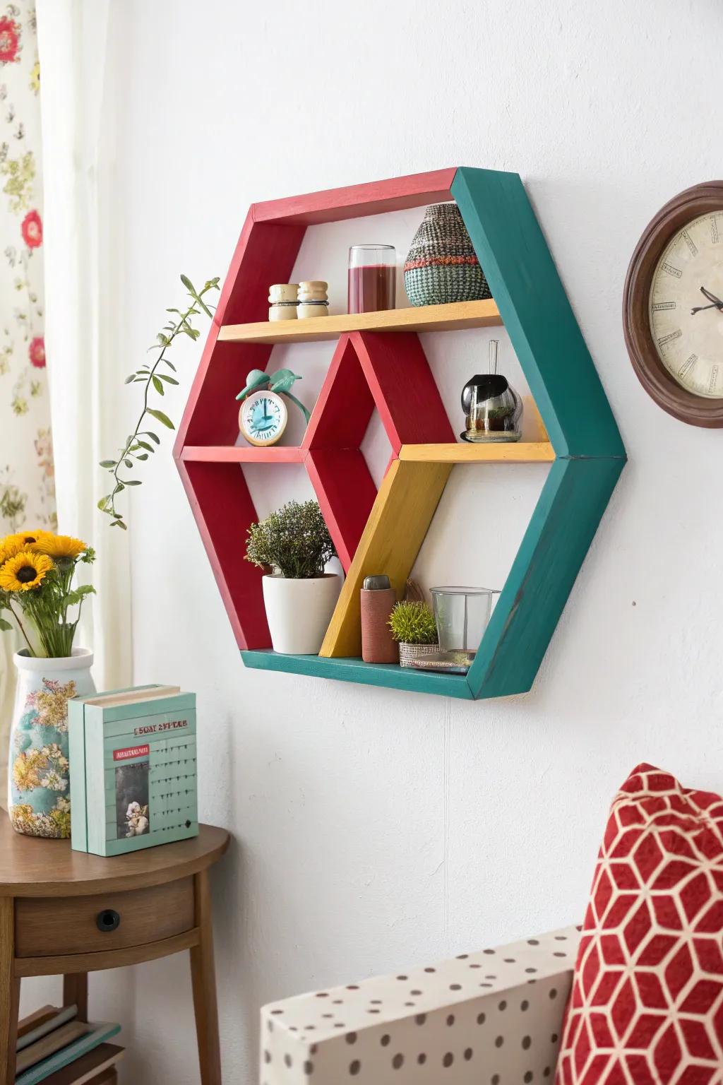 Bright colors transform an octagon shelf into a captivating wall accent.