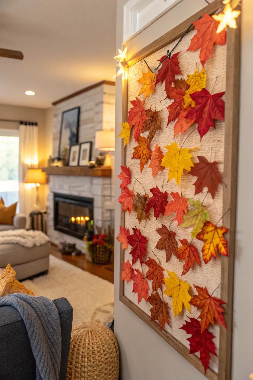 A living room bulletin board adorned with autumn leaves.