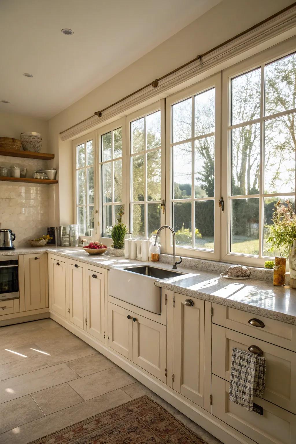 Soft white cabinets are beautifully enhanced by natural light.