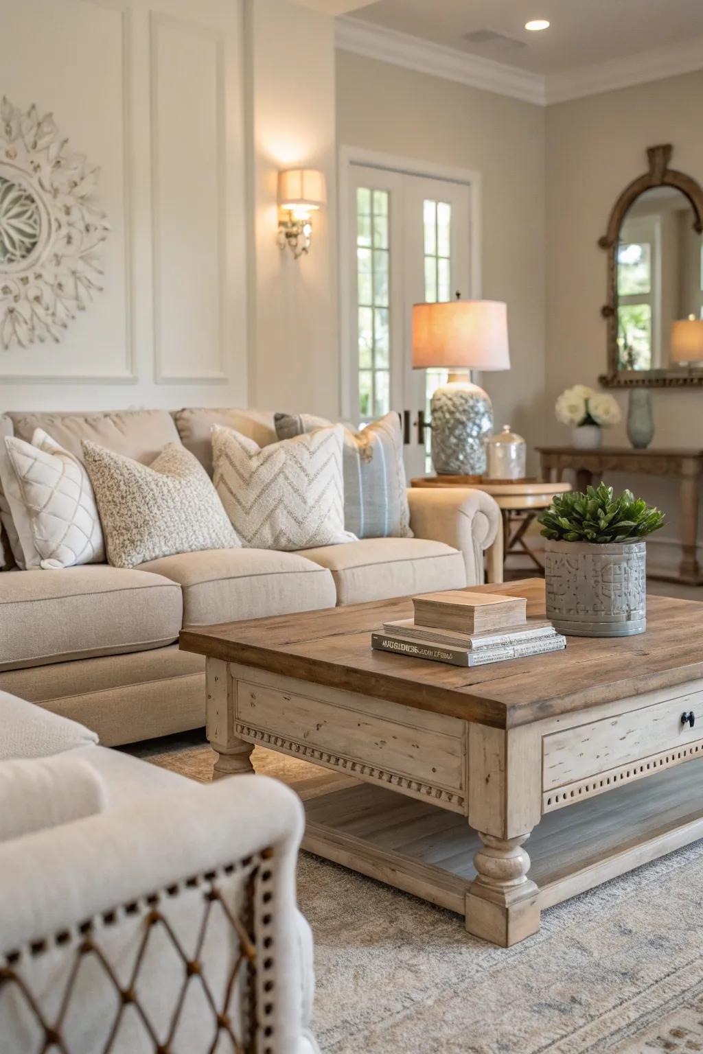 A soothing neutral palette enhances the sophistication of this off-white living space.