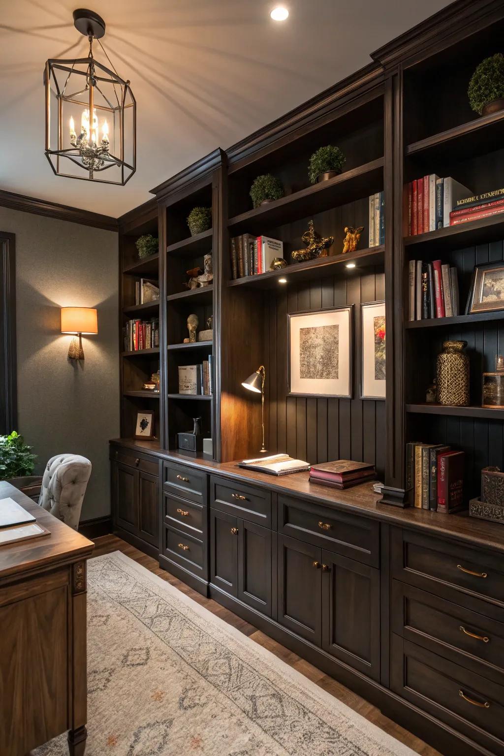 Dark shelves bring a sophisticated flair to any workspace.