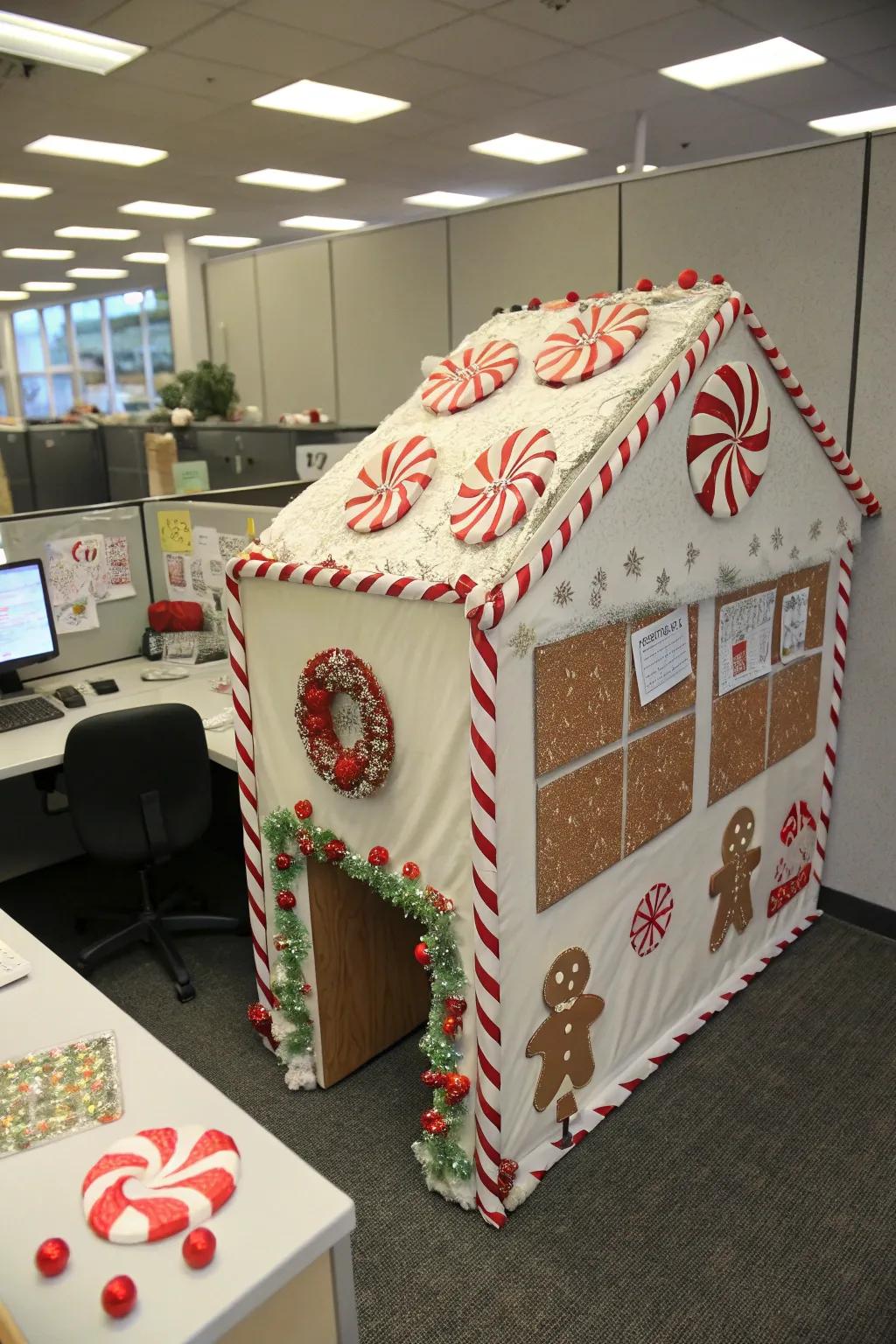 Cubicles remodeled as gingerbread houses create a lovely impression.